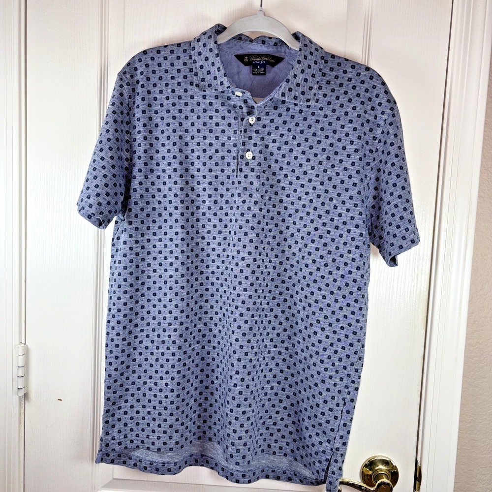 Brooks Brothers Men's Slim Fit Polo Shirt Size L Blue Cotton Linen Blend 3-Butto